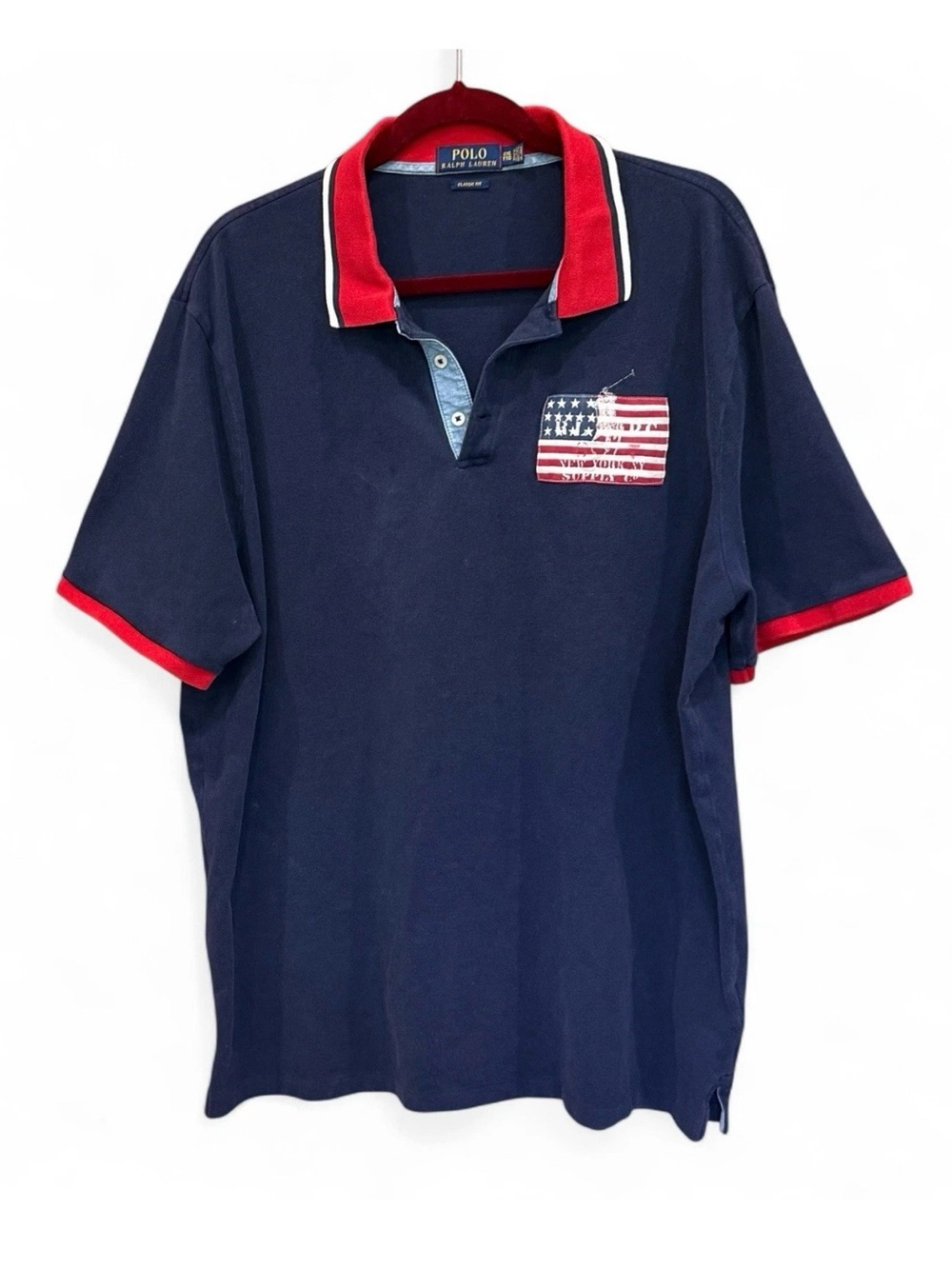 Polo by Ralph Lauren Navy Polo w Red Trim & Flag Patch XXL  EUC patriotic